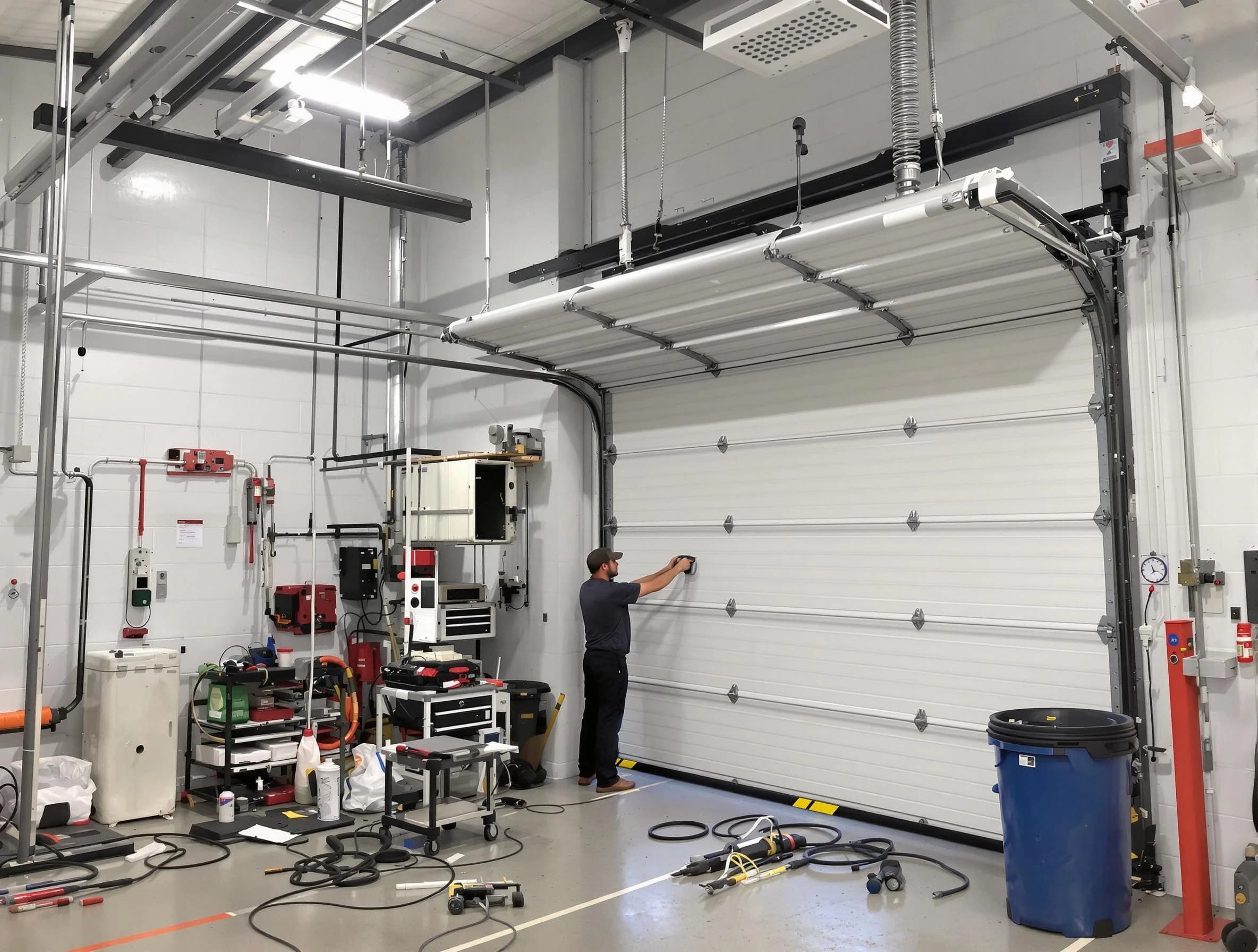 Centerville Garage Door Repair certified technician performing commercial door repair at a Centerville business facility