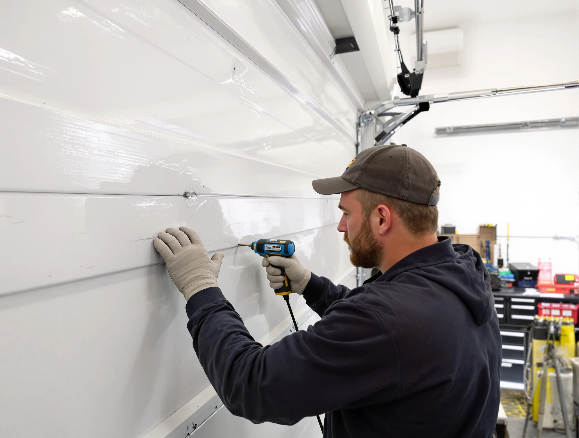 Centerville Garage Door Repair technician demonstrating precision dent removal techniques on a Centerville garage door